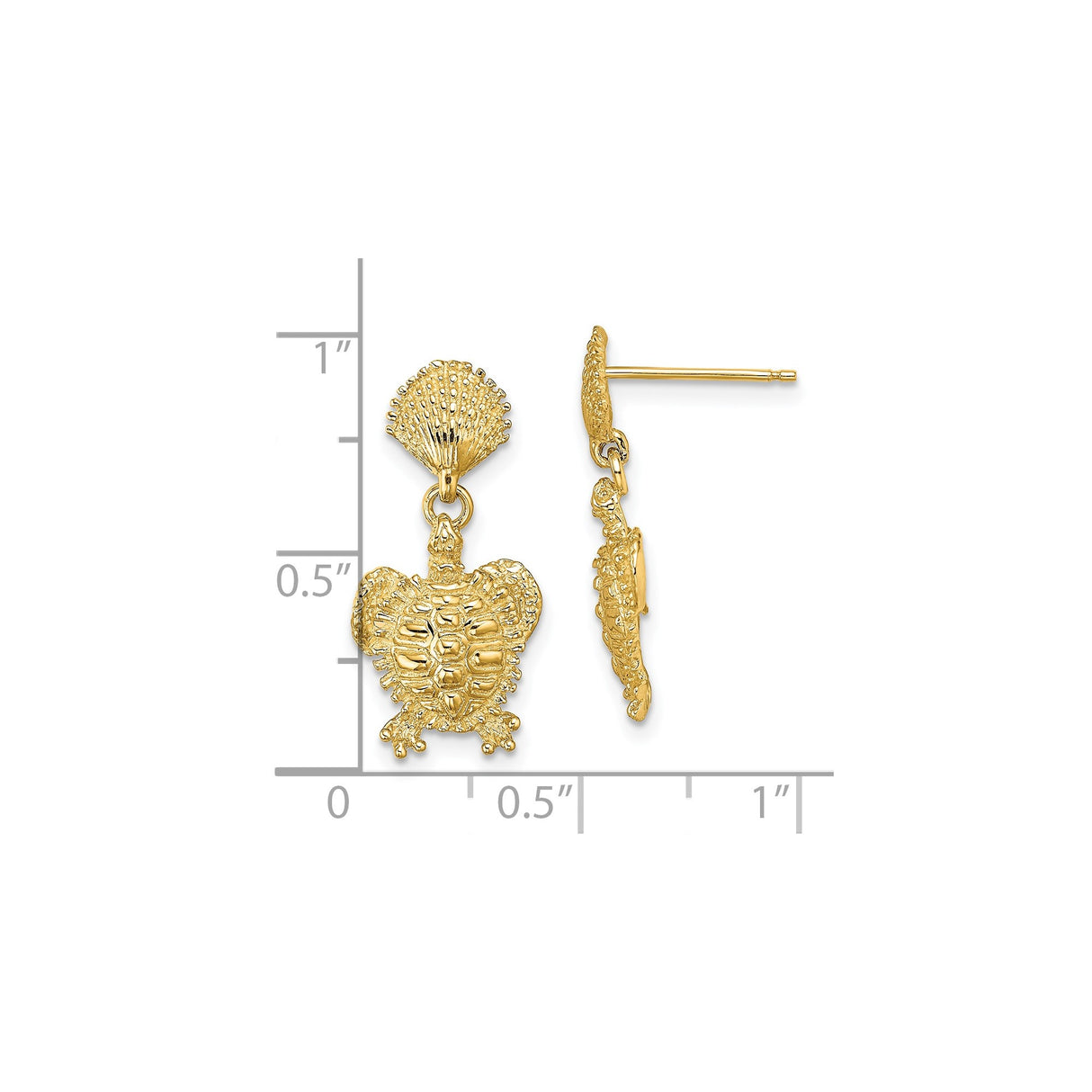 14k Yellow Gold Dangle Earrings with Sea Turtle and Seashell Design, Coastal Ocean Theme