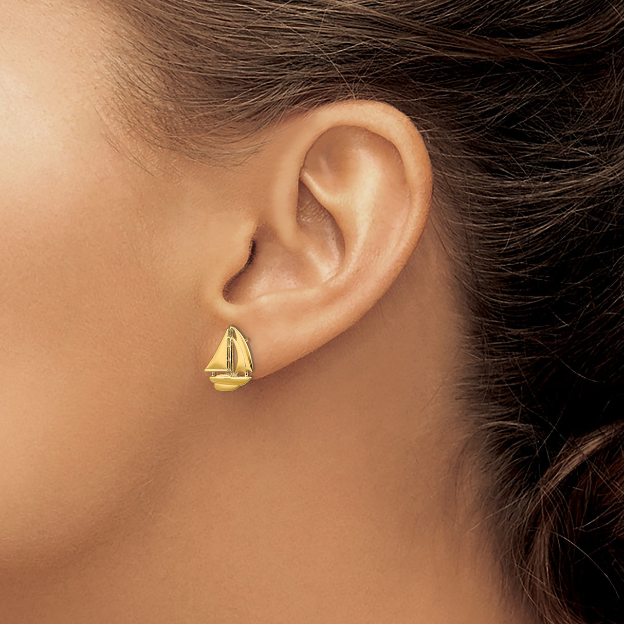 14k Yellow Gold Sailboat Stud Earrings, Nautical Coastal Design for Women