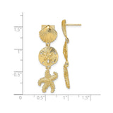 14k Yellow Gold Dangle Earrings with Starfish, Sand Dollar, and Seashell Design, Nautical Beach Style