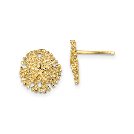 14k Yellow Gold Sand Dollar Stud Earrings with Starfish Motif, Coastal Nautical Design
