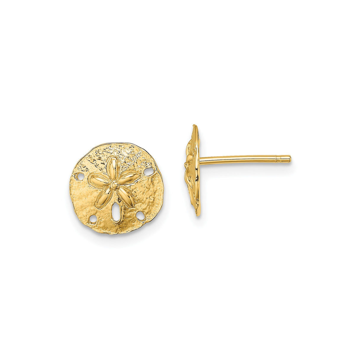 14k Yellow Gold Sand Dollar Stud Earrings with Textured Cutout Design, Coastal Jewelry for Women