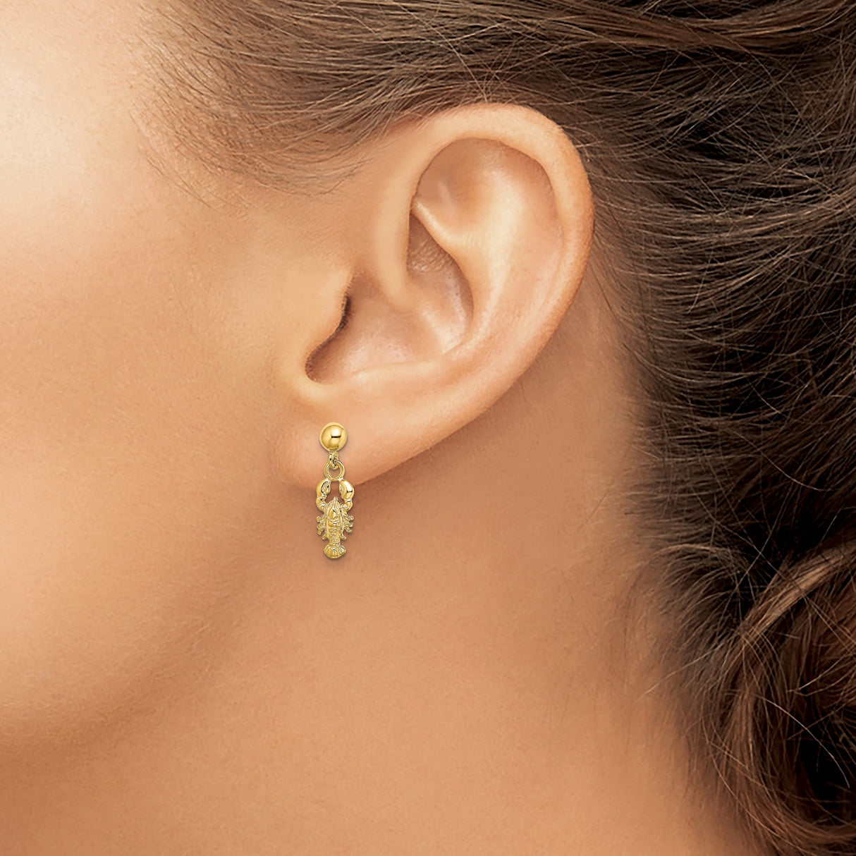 14k Yellow Gold Dangle Earrings with Lobster Charms, Nautical Coastal Style for Women