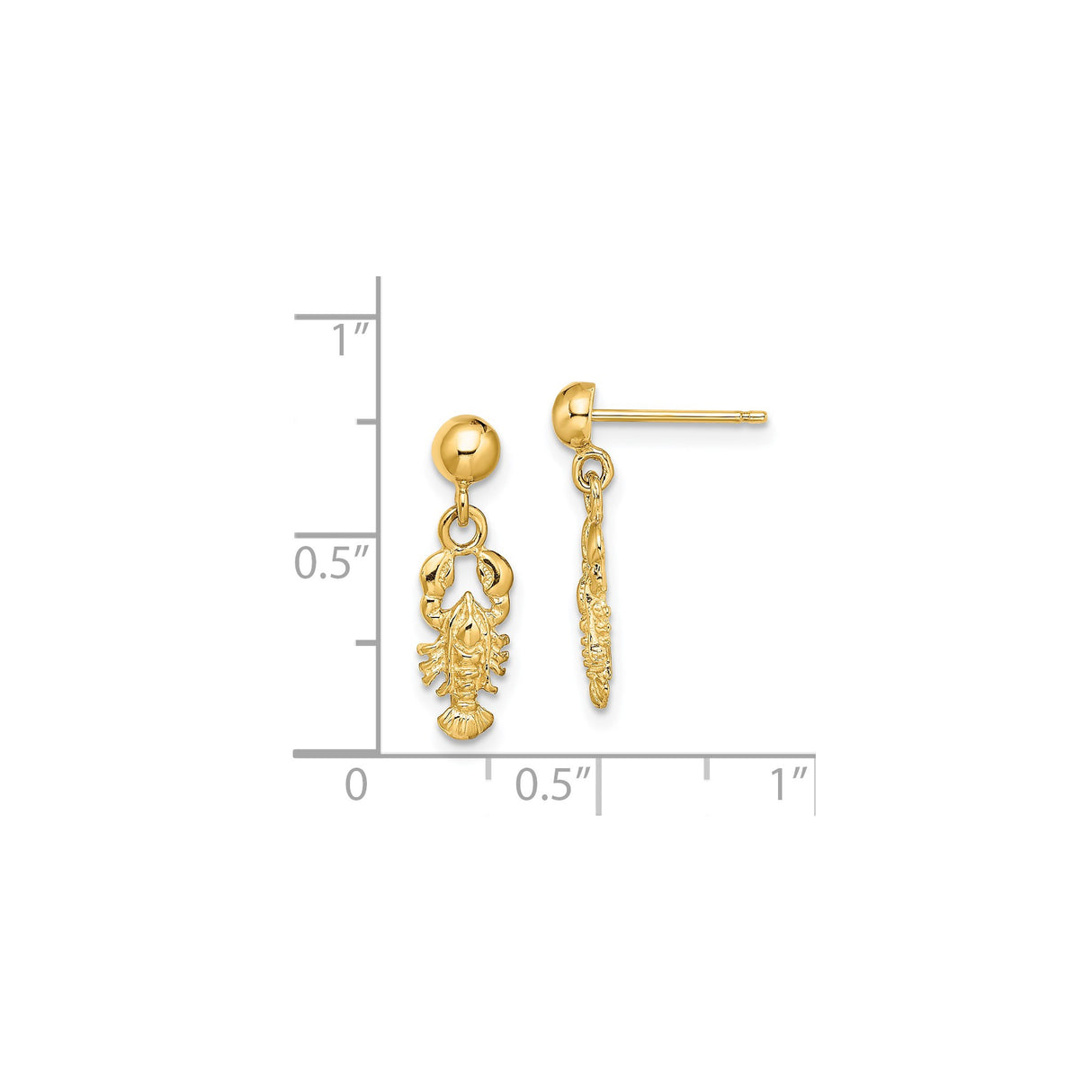 14k Yellow Gold Dangle Earrings with Lobster Charms, Nautical Coastal Style for Women