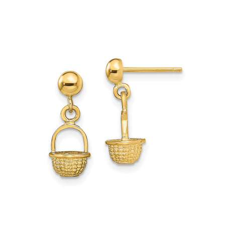 14k Yellow Gold Stud Earrings with Woven Basket Charm Design for Women