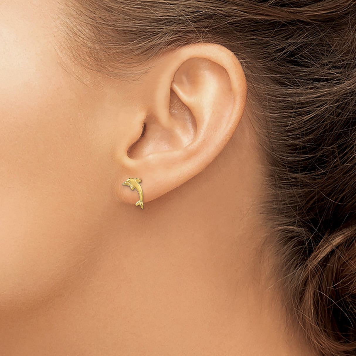 14k Yellow Gold Dolphin Stud Earrings, Lightweight Nautical Animal Design for Women and Girls