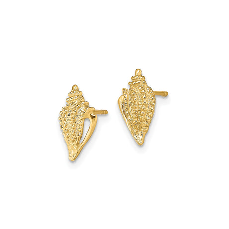 14k Yellow Gold Seashell Stud Earrings, Conch Shell Design, Nautical Beach Style for Women