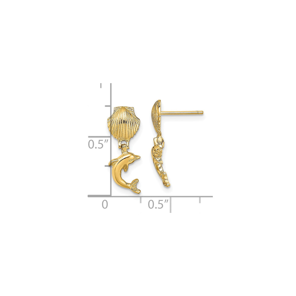 14k Yellow Gold Dolphin Dangle Earrings with Scallop Seashell Post, Ocean Theme