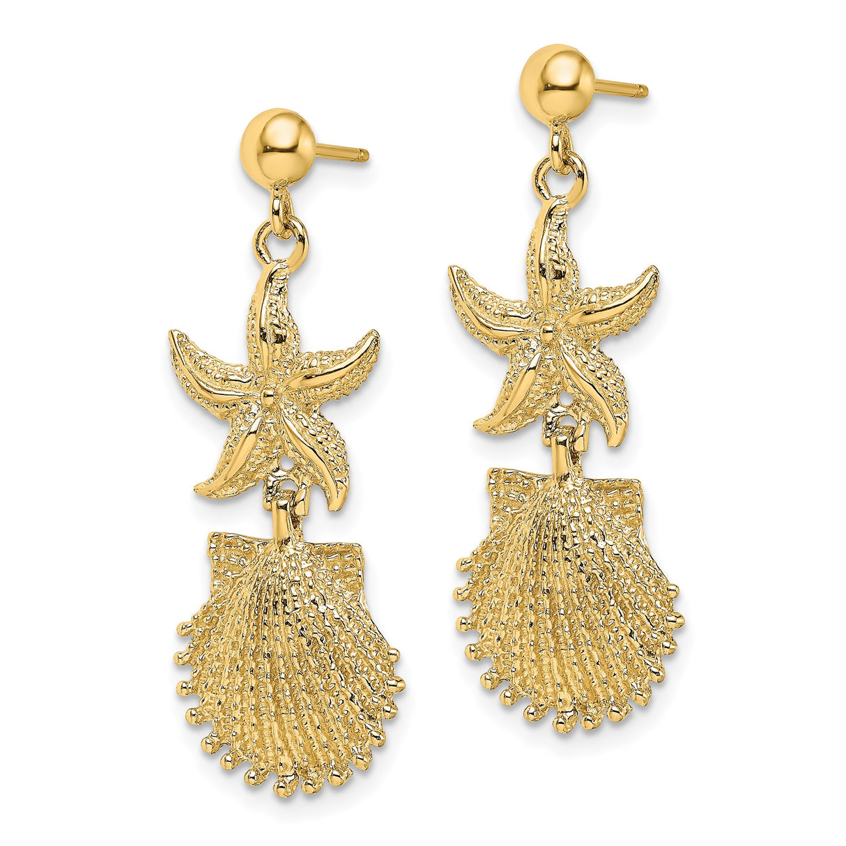 14k Yellow Gold Dangle Earrings with Starfish and Scallop Shell, Ocean Inspired Coastal Style