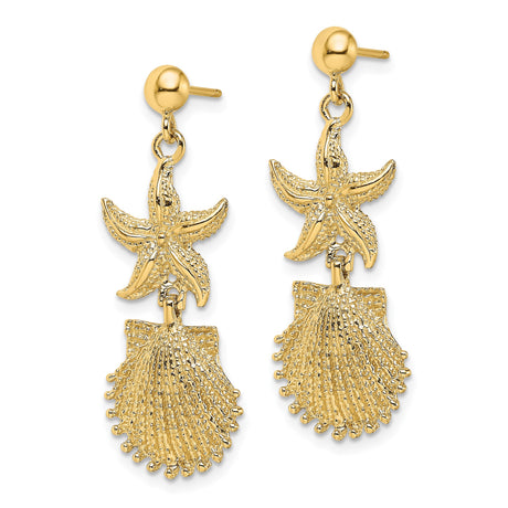 14k Yellow Gold Dangle Earrings with Starfish and Scallop Shell, Ocean Inspired Coastal Style