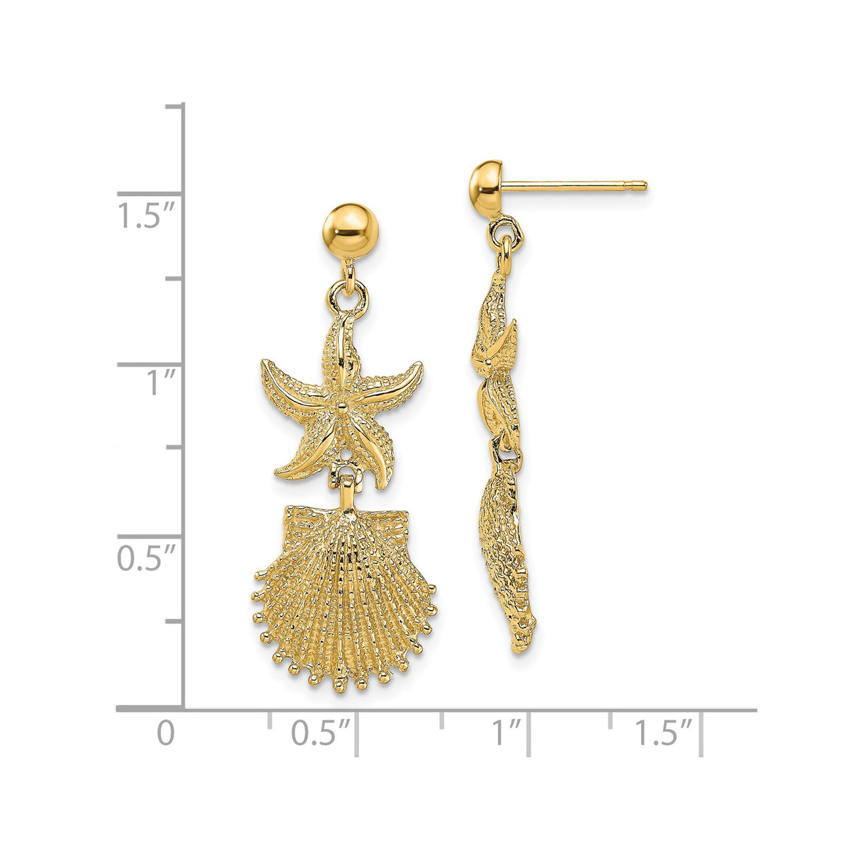 14k Yellow Gold Dangle Earrings with Starfish and Scallop Shell, Ocean Inspired Coastal Style