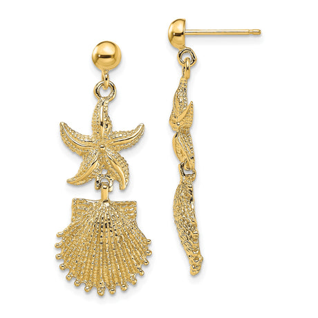 14k Yellow Gold Dangle Earrings with Starfish and Scallop Shell, Ocean Inspired Coastal Style
