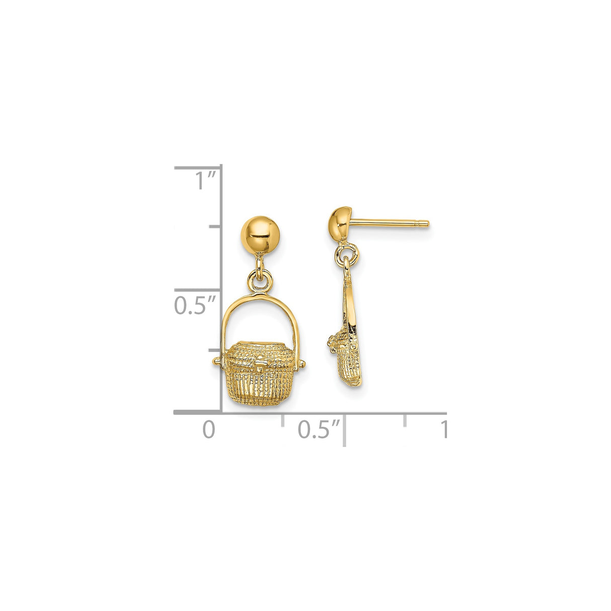 14k Yellow Gold Drop Earrings with Woven Basket Charms, Picnic Theme, Textured Artisan Design