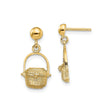 14k Yellow Gold Drop Earrings with Woven Basket Charms, Picnic Theme, Textured Artisan Design