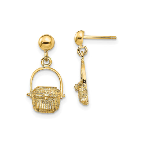 14k Yellow Gold Drop Earrings with Woven Basket Charms, Picnic Theme, Textured Artisan Design