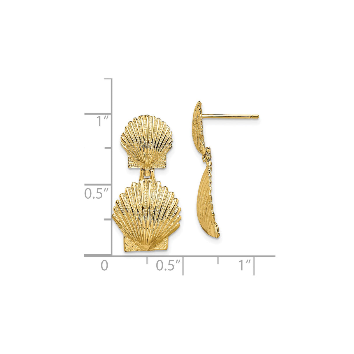 14k Yellow Gold Dangle Earrings with Double Scallop Seashell Design, Nautical Style Jewelry for Women