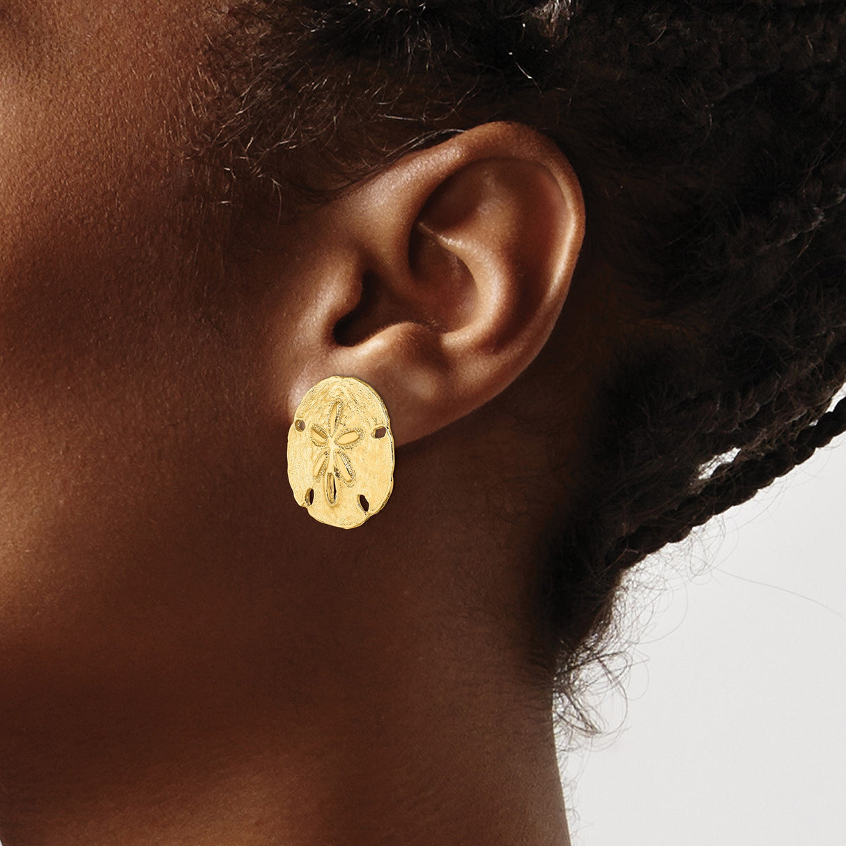 14k Yellow Gold Sand Dollar Stud Earrings, Textured Coastal Nautical Design for Women