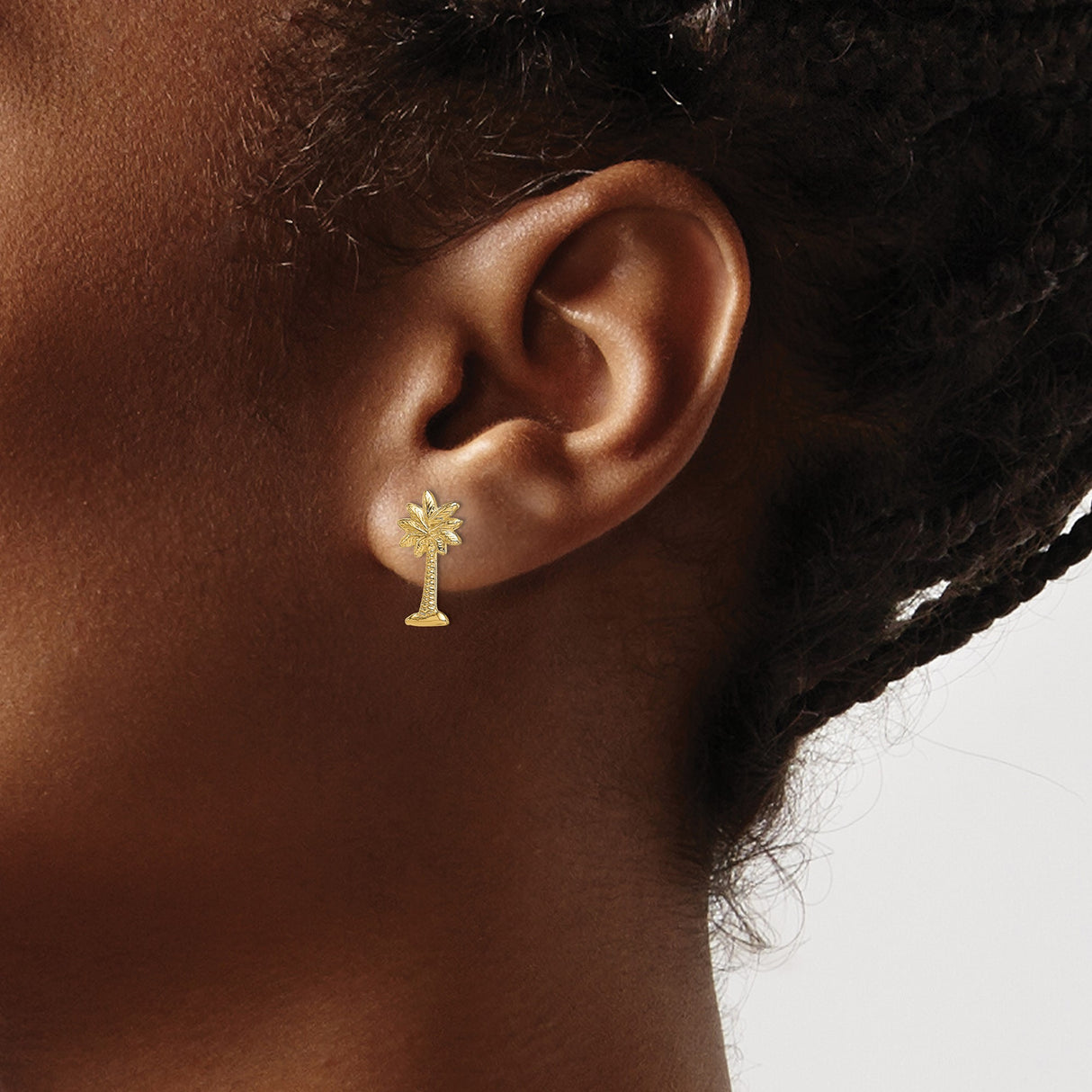 14k Yellow Gold Palm Tree Stud Earrings, Tropical Coastal Design for Women