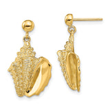 14k Yellow Gold Dangle Earrings with Conch Shell Charms, Nautical Coastal Beach Theme Jewelry
