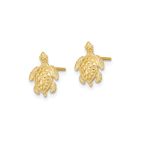 14k Yellow Gold Sea Turtle Stud Earrings, Textured Nautical Animal Design