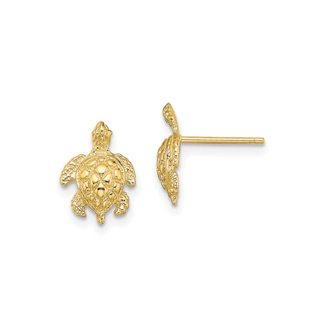 14k Yellow Gold Sea Turtle Stud Earrings, Textured Nautical Animal Design