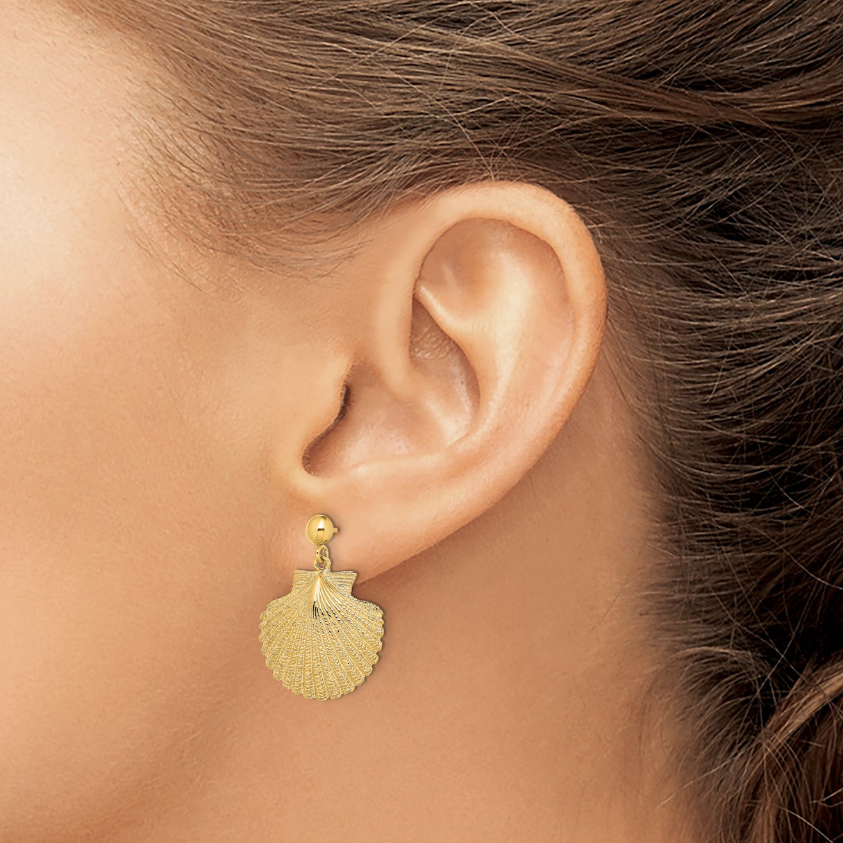 14k Yellow Gold Scallop Sea Shell Dangle Earrings, Nautical Ocean Style for Women