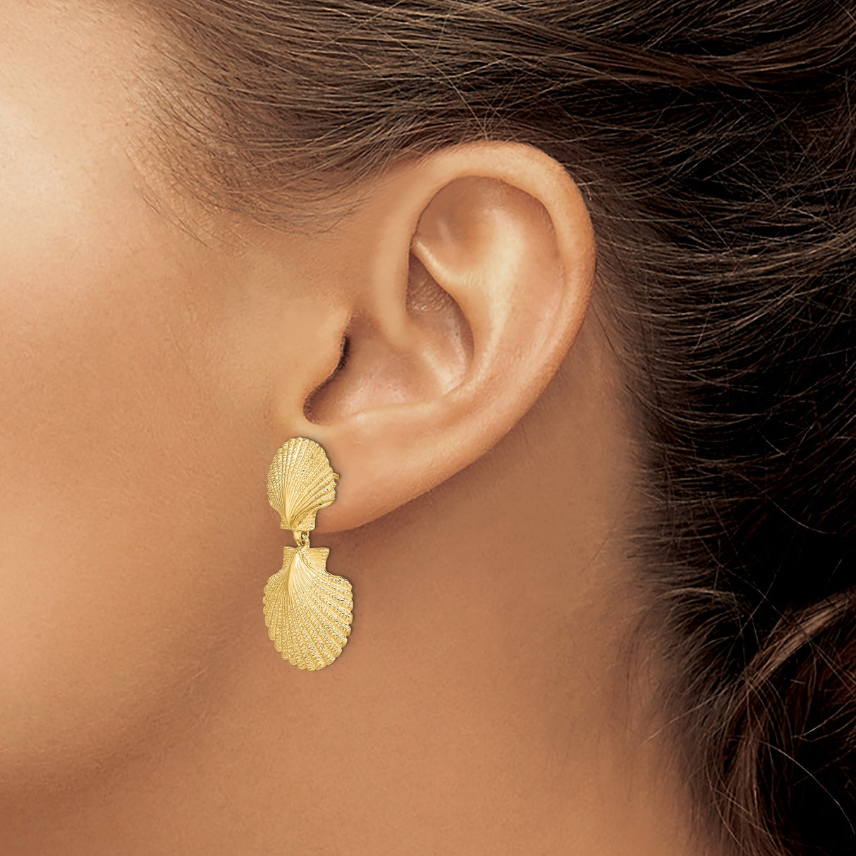 14k Yellow Gold Dangle Earrings with Double Scallop Shell Design, Coastal Ocean Motif