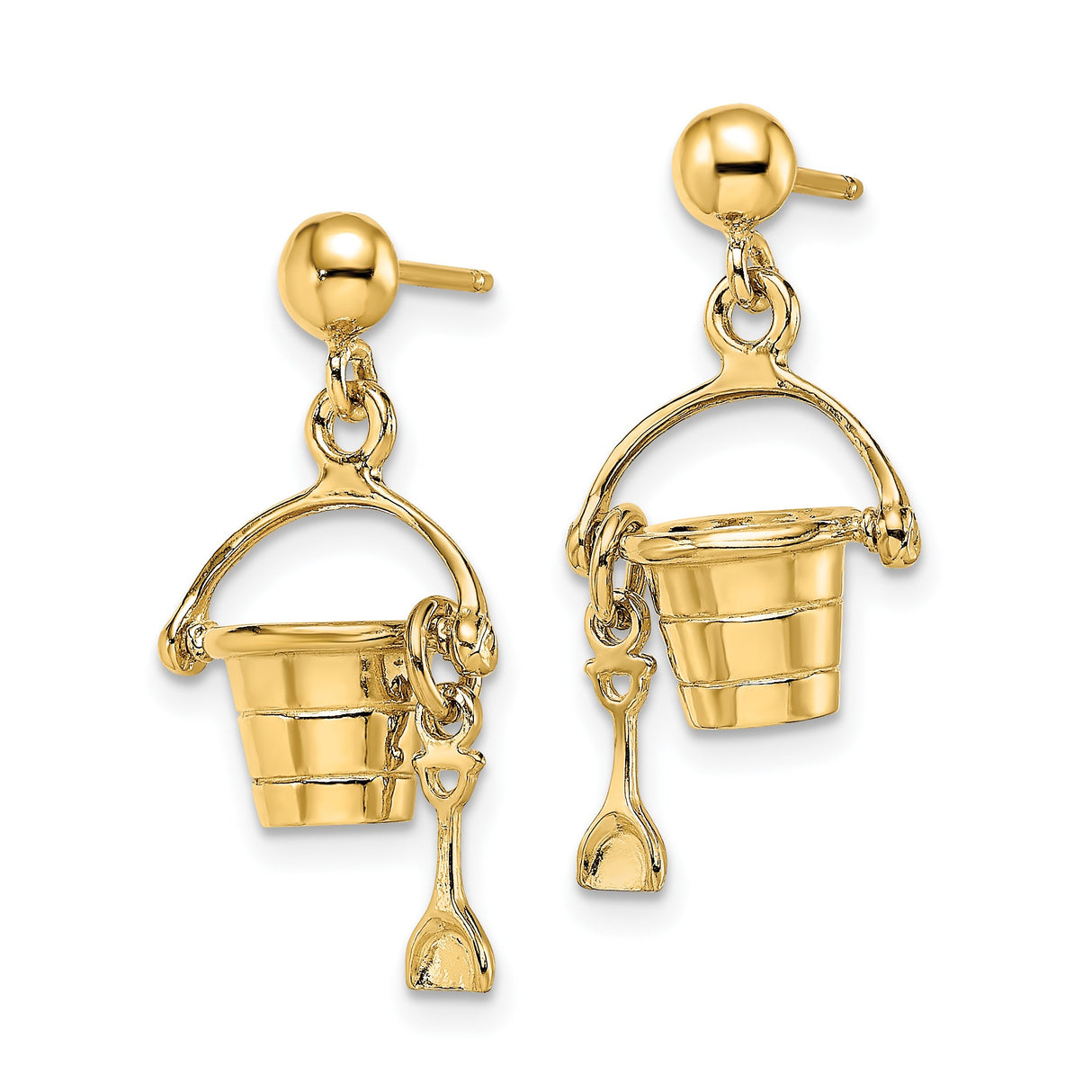 14k Yellow Gold Dangle Earrings with 3D Beach Bucket and Shovel Charm, Summer Theme