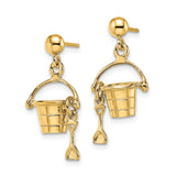 14k Yellow Gold Dangle Earrings with 3D Beach Bucket and Shovel Charm, Summer Theme