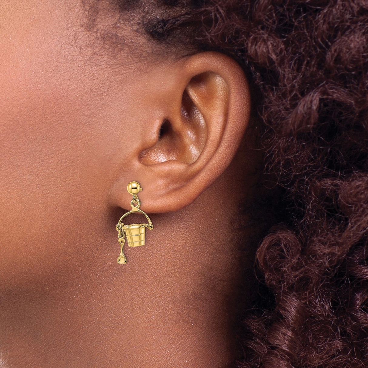 14k Yellow Gold Dangle Earrings with 3D Beach Bucket and Shovel Charm, Summer Theme