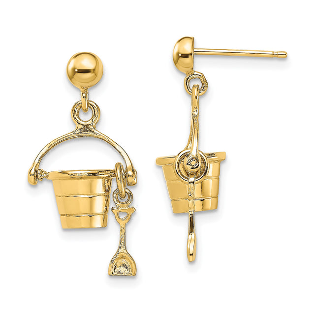 14k Yellow Gold Dangle Earrings with 3D Beach Bucket and Shovel Charm, Summer Theme