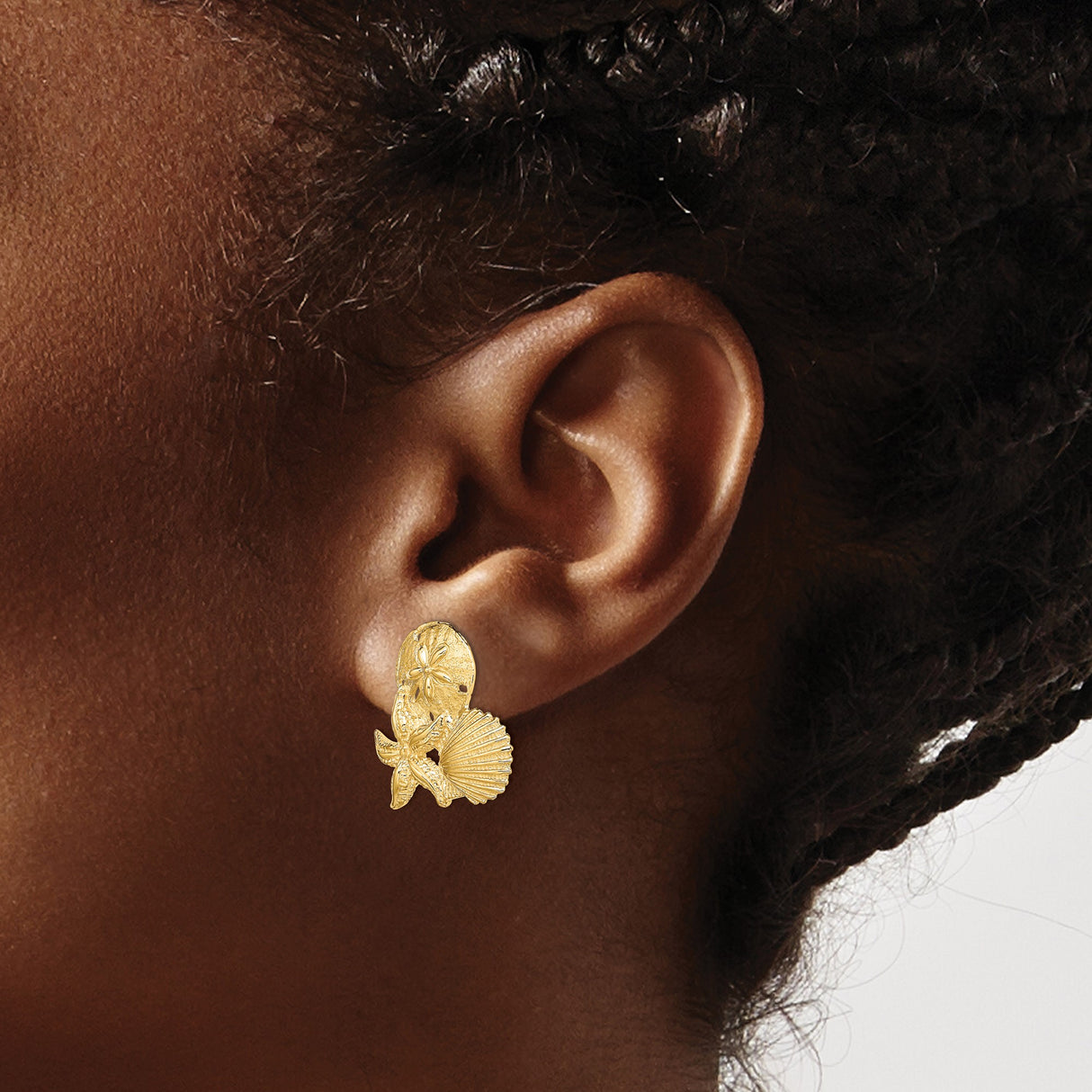 14k Yellow Gold Stud Earrings with Sand Dollar, Starfish, and Seashell Design