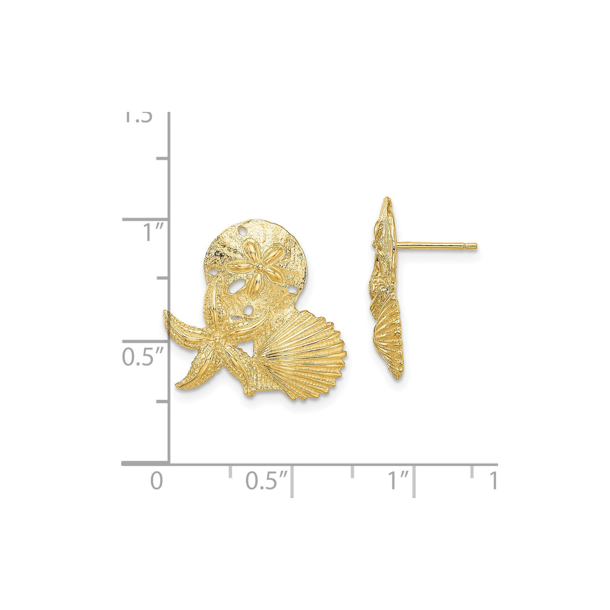 14k Yellow Gold Stud Earrings with Sand Dollar, Starfish, and Seashell Design