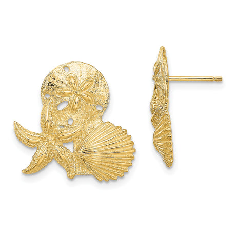 14k Yellow Gold Stud Earrings with Sand Dollar, Starfish, and Seashell Design