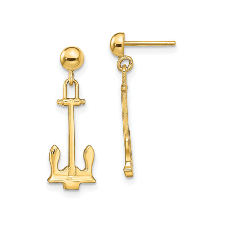 14k Yellow Gold Anchor Dangle Earrings, Nautical Stud Design for Women