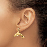 14k Yellow Gold Dolphin Dangle Earrings with Polished Leaping Dolphin Design, Ocean Theme