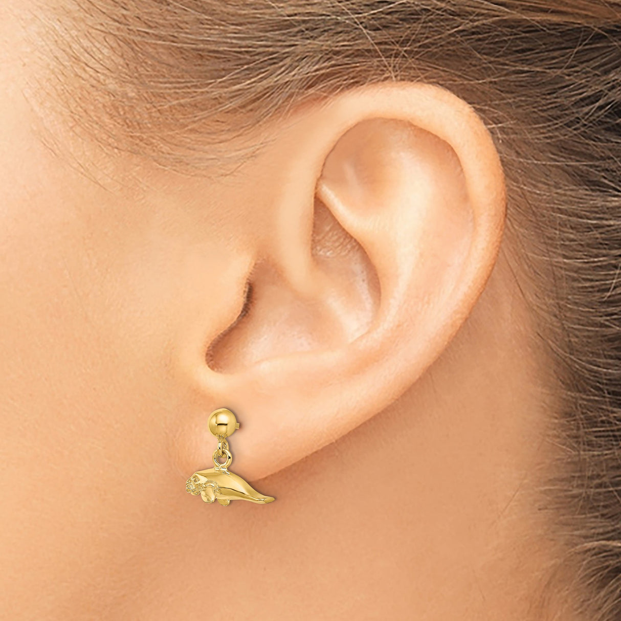14k Yellow Gold Manatee Dangle Earrings, Detailed Marine Animal Charms, Sea Life Design