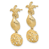 14k Yellow Gold Dangle Earrings with Starfish, Shell, and Sand Dollar Charms, Ocean Theme