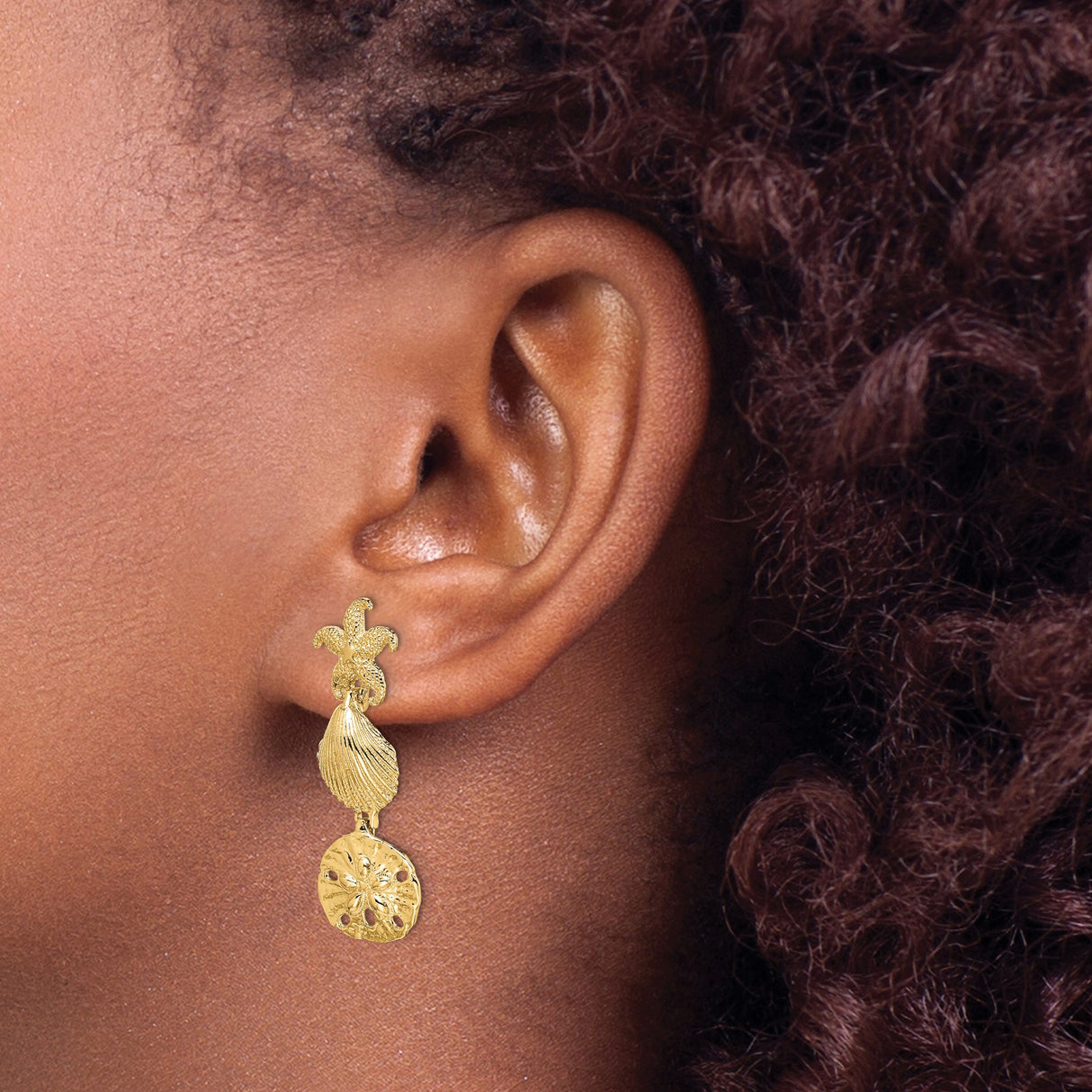 14k Yellow Gold Dangle Earrings with Starfish, Shell, and Sand Dollar Charms, Ocean Theme