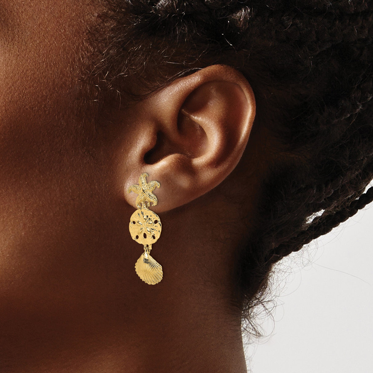 14k Yellow Gold Dangle Earrings, Starfish, Sand Dollar, and Seashell Ocean Theme