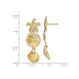14k Yellow Gold Dangle Earrings, Starfish, Sand Dollar, and Seashell Ocean Theme