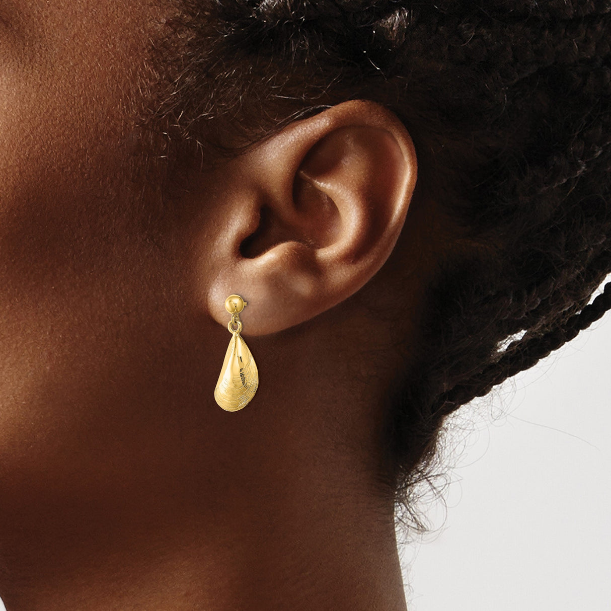 14k Yellow Gold Mussel Shell Drop Earrings, Ocean-Inspired Nautical Design for Women