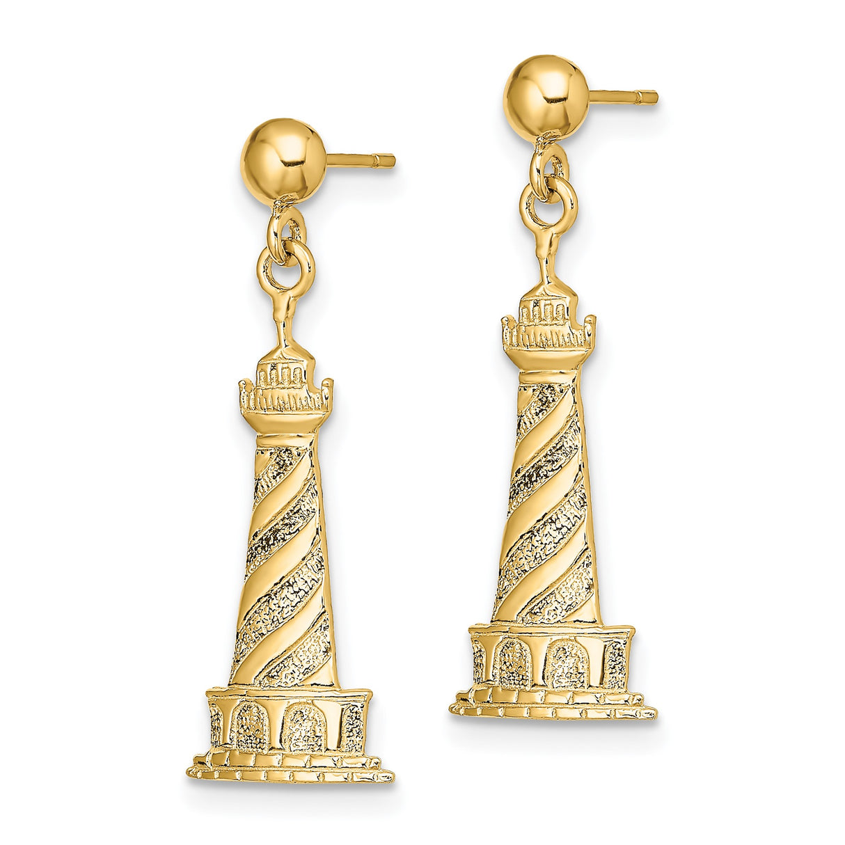 14k Yellow Gold Lighthouse Dangle Earrings with Spiral Design, Nautical Maritime Theme