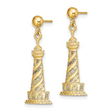 14k Yellow Gold Lighthouse Dangle Earrings with Spiral Design, Nautical Maritime Theme
