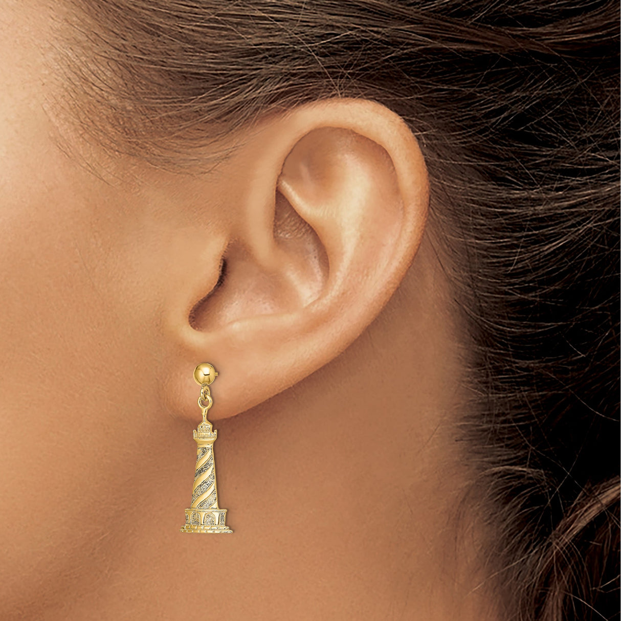 14k Yellow Gold Lighthouse Dangle Earrings with Spiral Design, Nautical Maritime Theme