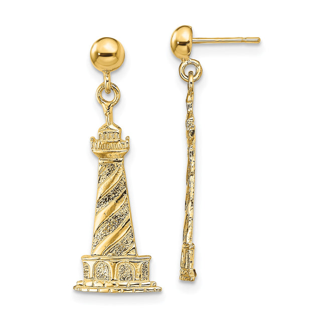 14k Yellow Gold Lighthouse Dangle Earrings with Spiral Design, Nautical Maritime Theme