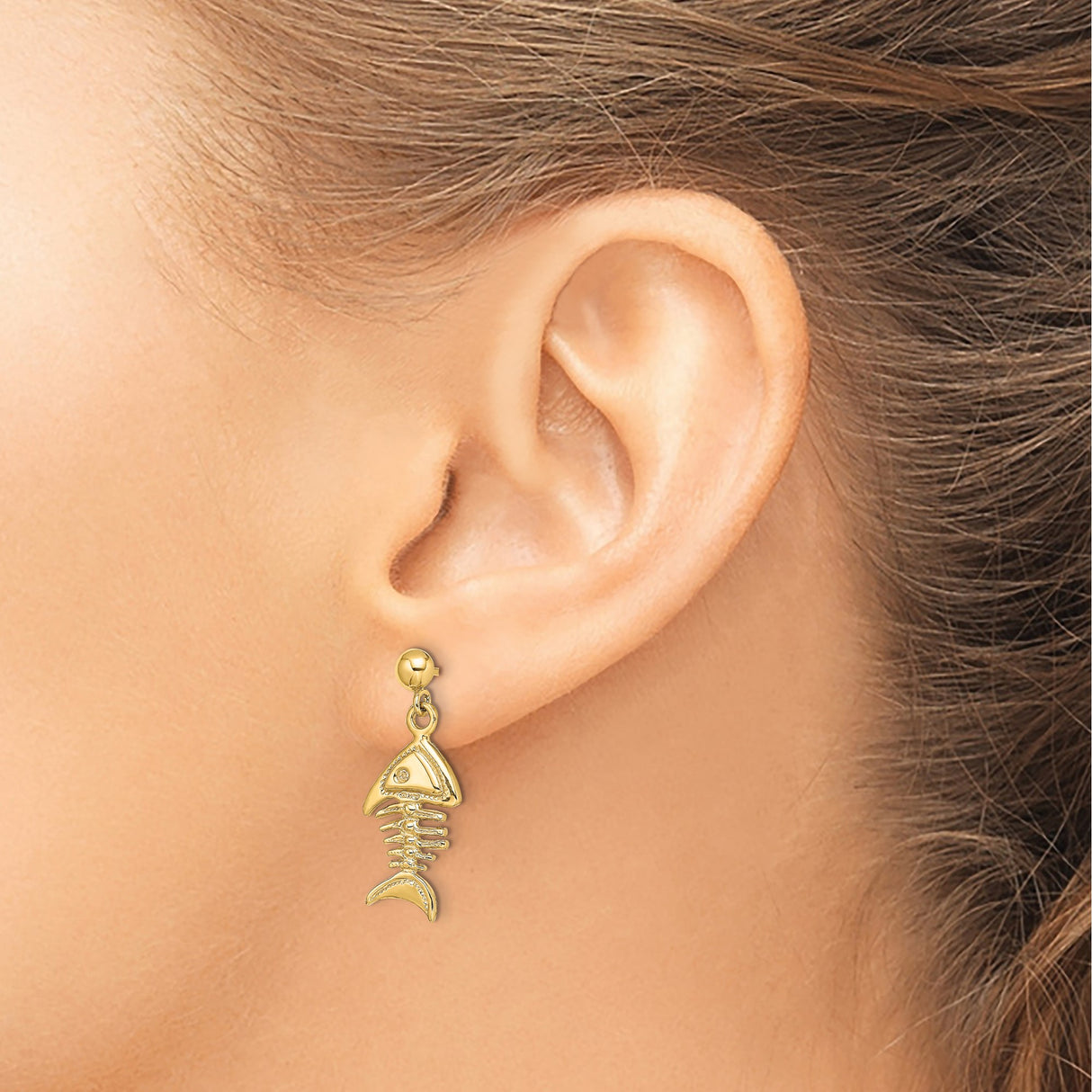 14k Yellow Gold Fishbone Dangle Earrings with Whimsical Skeleton Design