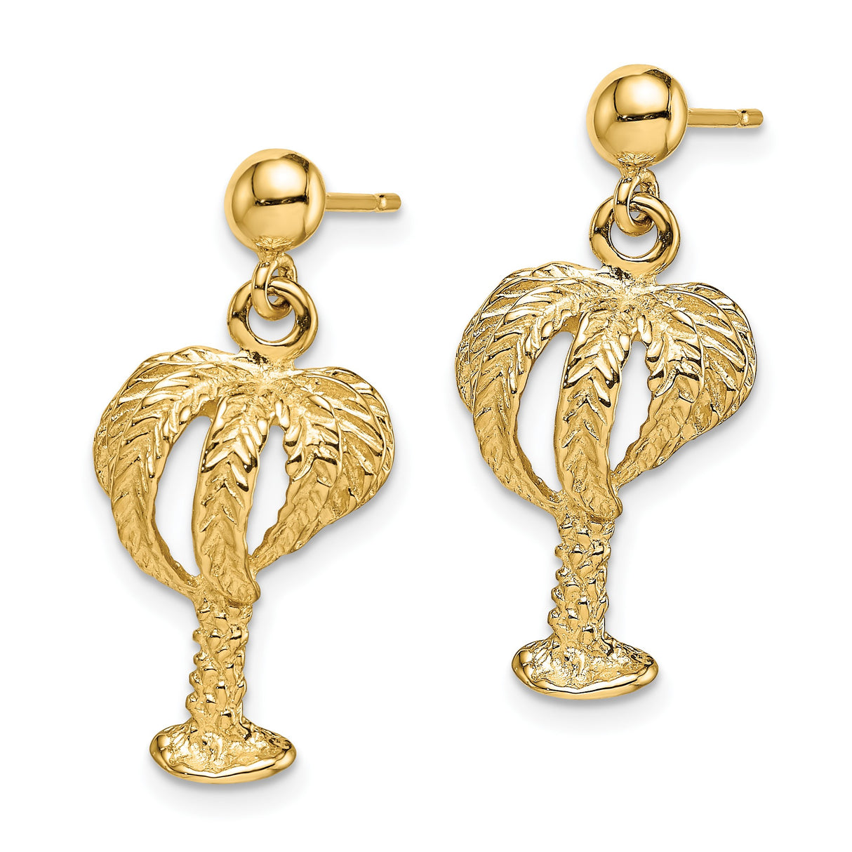 14k Yellow Gold Palm Tree Dangle Earrings with Tropical Island Design for Women