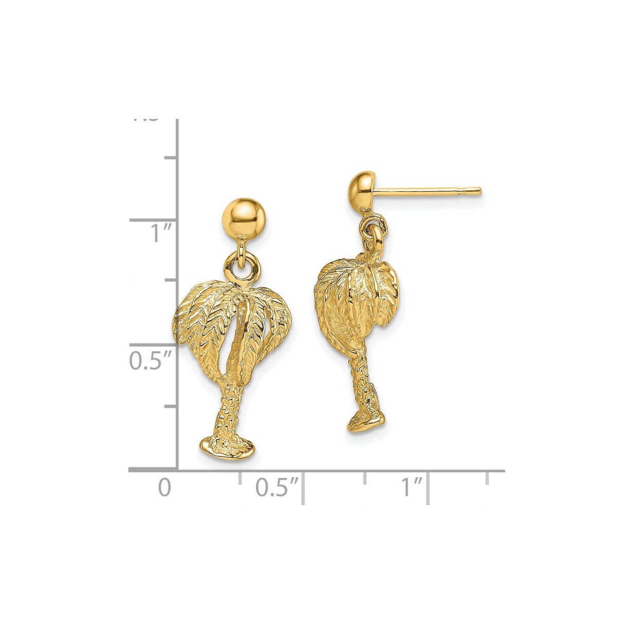 14k Yellow Gold Palm Tree Dangle Earrings with Tropical Island Design for Women