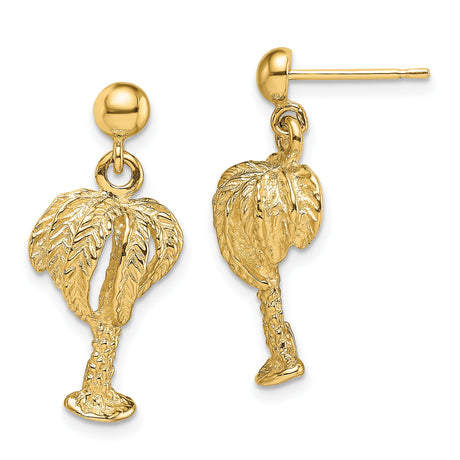 14k Yellow Gold Palm Tree Dangle Earrings with Tropical Island Design for Women