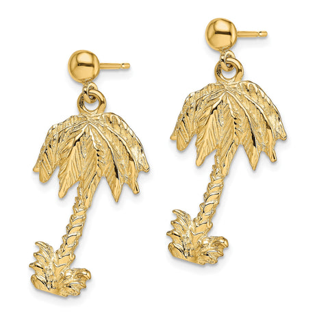 14k Yellow Gold Palm Tree Dangle Earrings, Tropical Beach Style for Women